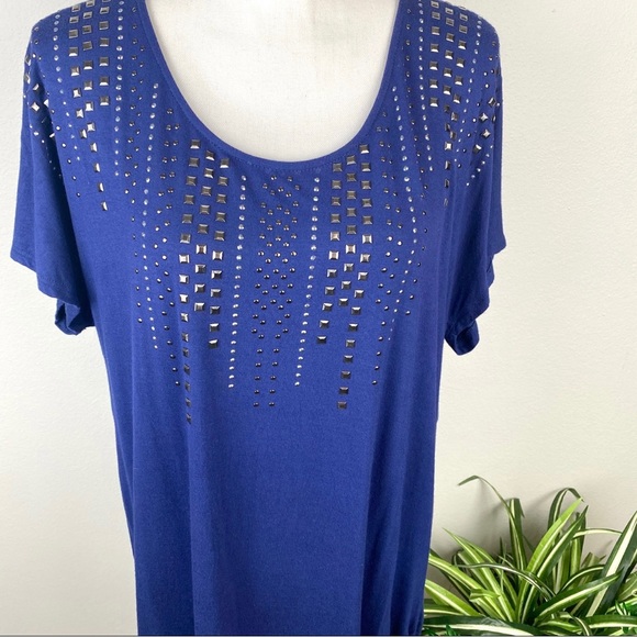 Plus Size 1X Blue Embellished Scoop Neck Ruch Sides Faded Glory EUC - Picture 2 of 9